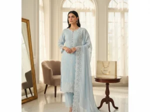 Sky Blue Chikankari Cotton Anarkali Set with Lace Dupatta – Premium Cotton Lined (M–XXL)