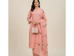 Blush Peach Handloom Cotton Kurta Set with Hand-Painted Floral Dupatta (3-Piece)