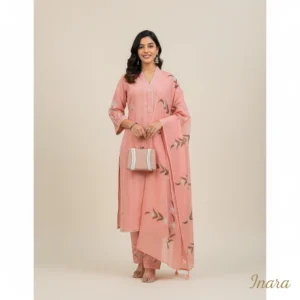 Blush Peach Handloom Cotton Kurta Set with Hand-Painted Floral Dupatta (3-Piece)
