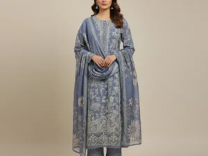 Light Denim Blue Pakistani Cotton A-Line Kurta Set with Schiffli Embroidery (3-Piece)