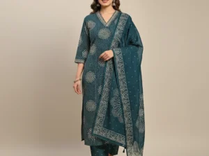 Jaipuri Cotton Straight Suit Set with Foil Mirror Work (3-Piece)