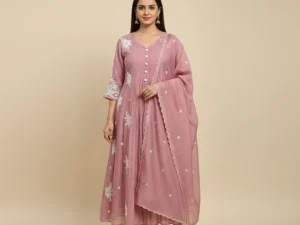 Rose Blush Mulchanderi A-Line Kurta Set with Embroidered Dupatta (3-Piece)