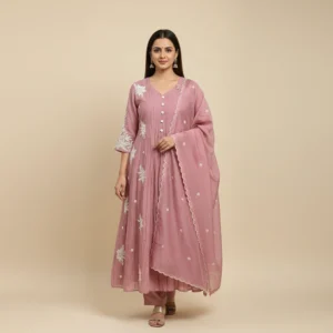 Rose Blush Mulchanderi A-Line Kurta Set with Embroidered Dupatta (3-Piece)