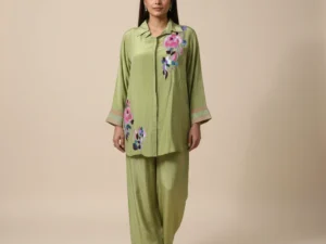 Olive Bloom Embroidered Crape Co-Ord Set for Women | Premium Floral Workwear Co-Ord Set