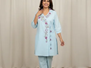 Sky Blossom Embroidered Mul Cotton Co-Ord Set for Women | Premium Office Wear Kurta Set