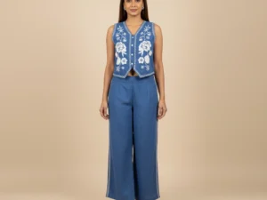 Indigo Bloom Embroidered Flax Cotton Co-Ord Set for Women | Sleeveless Premium Summer Co-Ord