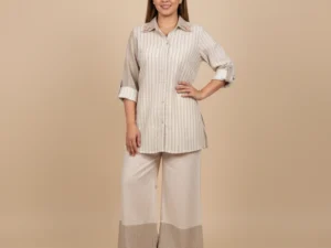 Sandstone Linen Cotton Co-Ord Set for Women | Premium Striped Office Wear Co-Ord