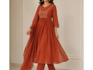 Rust Mul Chanderi Suit Set with Cut Dana & Sequin Work – 3 Piece