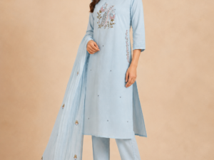Light Blue Mul Cotton Suit Set with Thread Embroidery – 3 Piece