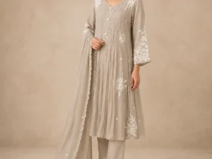 Beige Mul Chanderi Thread Embroidered 3-Piece Suit Set