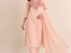 Blush Peach Mul Cotton Suit Set with Thread, Pearl & Sequin Work